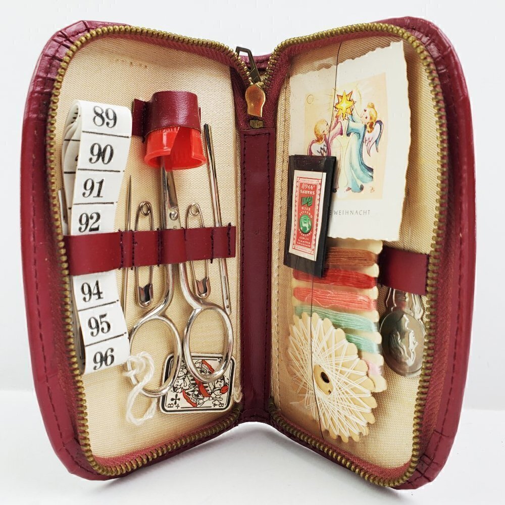 German Sewing Kit Vintage Kreuzbube Solingen w/ Thimble, Scissors, Etc.